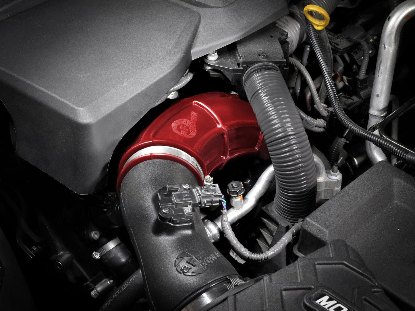 aFe POWER 55-20001-R red turbo inlet pipe — installed driver side